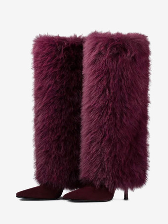 バーガンディーバーガンディニーハイブーツ レディース ポインテッドトゥ ファックスファー ハイヒールブーツ
