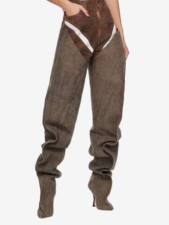 Braun Damen-Overknee-Stiefel aus Wildleder mit spitzer Zehenpartie und weitem Schaft