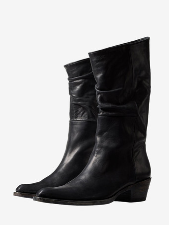 ブラックフラットブーツ ポインテッドトゥ ルーシュ ミドルカーフブーツ
