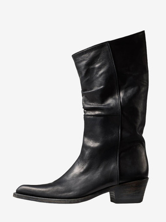 ブラックフラットブーツ ポインテッドトゥ ルーシュ ミドルカーフブーツ