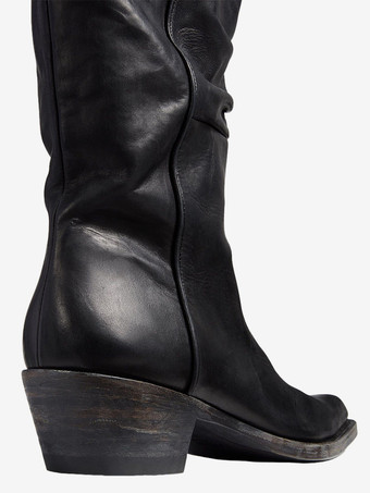 ブラックフラットブーツ ポインテッドトゥ ルーシュ ミドルカーフブーツ