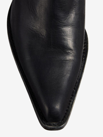 ブラックフラットブーツ ポインテッドトゥ ルーシュ ミドルカーフブーツ