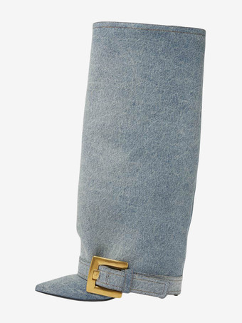 ライトスカイブルーブラックニーハイブーツ ポインテッドトゥ バックルディテール ハイヒールブーツ