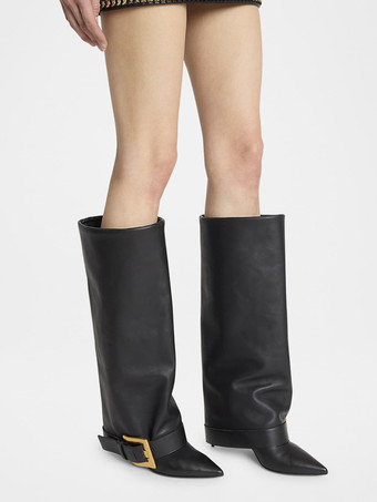 ブラックニーハイブーツ ポインテッドトゥ バックルディテール ハイヒールブーツ