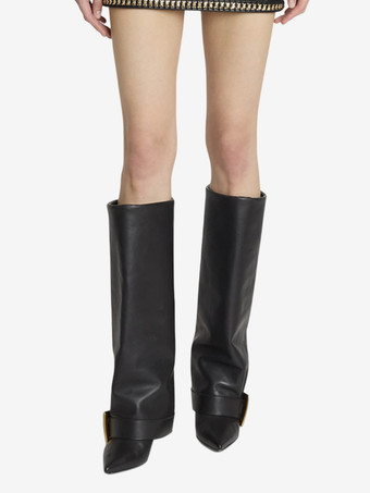 ブラックニーハイブーツ ポインテッドトゥ バックルディテール ハイヒールブーツ