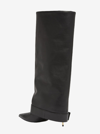 ブラックニーハイブーツ ポインテッドトゥ バックルディテール ハイヒールブーツ