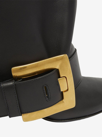 ブラックニーハイブーツ ポインテッドトゥ バックルディテール ハイヒールブーツ