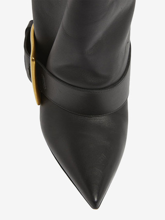 ブラックニーハイブーツ ポインテッドトゥ バックルディテール ハイヒールブーツ