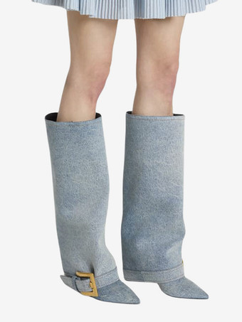 ブラックニーハイブーツ ポインテッドトゥ バックルディテール ハイヒールブーツ