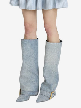 ブラックニーハイブーツ ポインテッドトゥ バックルディテール ハイヒールブーツ