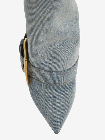 ブラックニーハイブーツ ポインテッドトゥ バックルディテール ハイヒールブーツ