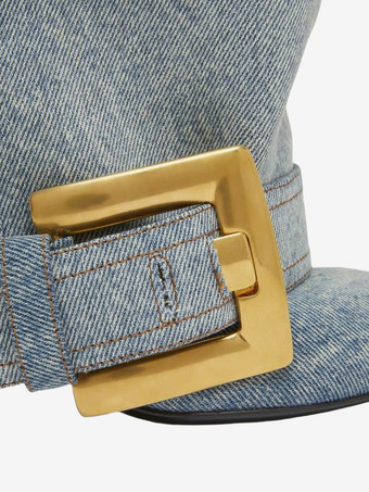 ブラックニーハイブーツ ポインテッドトゥ バックルディテール ハイヒールブーツ