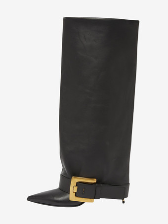 ブラック ブラックニーハイブーツ ポインテッドトゥ バックルディテール ハイヒールブーツ