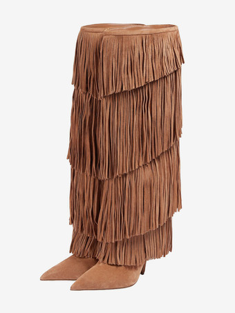 ライトブラウンスエードニーハイブーツ レディース ポインテッドトゥ ハイヒール ニーハイブーツ タッセル付き