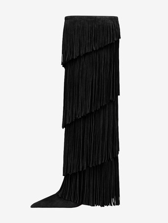 スエードニーハイブーツ レディース ポインテッドトゥ ハイヒール ニーハイブーツ タッセル付き