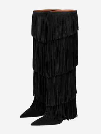 ブラック スエードニーハイブーツ レディース ポインテッドトゥ ハイヒール ニーハイブーツ タッセル付き