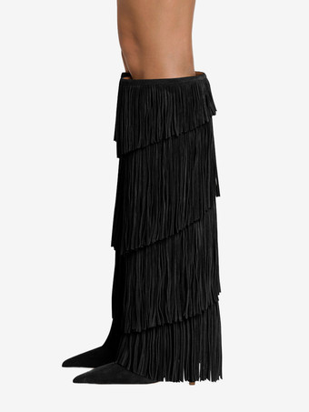 スエードニーハイブーツ レディース ポインテッドトゥ ハイヒール ニーハイブーツ タッセル付き