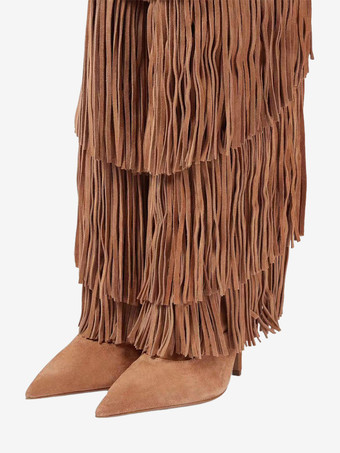 スエードニーハイブーツ レディース ポインテッドトゥ ハイヒール ニーハイブーツ タッセル付き