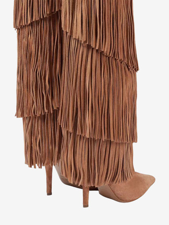 スエードニーハイブーツ レディース ポインテッドトゥ ハイヒール ニーハイブーツ タッセル付き