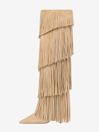 アイボリー スエードニーハイブーツ レディース ポインテッドトゥ ハイヒール ニーハイブーツ タッセル付き