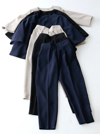 エレガント セットアップ ラウンドネック ディープアプリコット 半袖 無地 シンプル レディースファッション