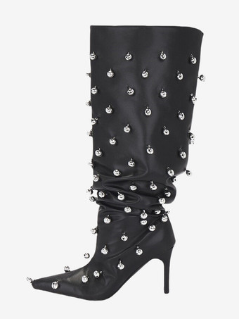 ブラックニーハイブーツ、Wo Memen's ポインテッドトゥビーズハイヒールワイドカーフブーツ