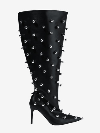 ブラックニーハイブーツ、Wo Memen's ポインテッドトゥビーズハイヒールワイドカーフブーツ