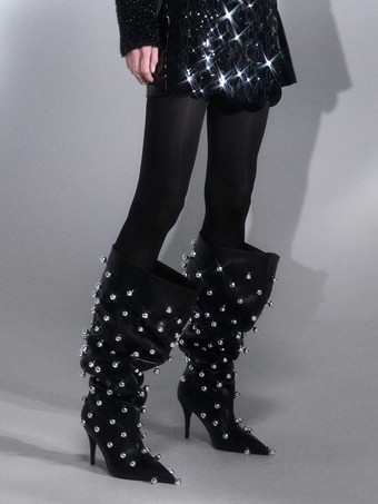 ブラックニーハイブーツ、Wo Memen's ポインテッドトゥビーズハイヒールワイドカーフブーツ