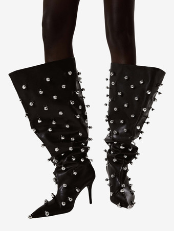 ブラック ブラックニーハイブーツ、Wo Memen's ポインテッドトゥビーズハイヒールワイドカーフブーツ