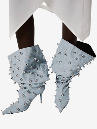 ブラックニーハイブーツ、Wo Memen's ポインテッドトゥビーズハイヒールワイドカーフブーツ