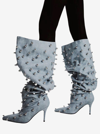 ブルー ブラックニーハイブーツ、Wo Memen's ポインテッドトゥビーズハイヒールワイドカーフブーツ