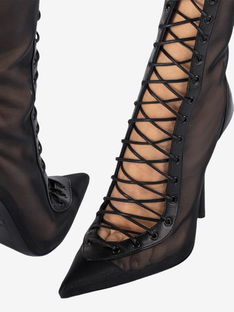 ブラックニーハイブーツ レディース ポインテッドトゥ カットアウト レースアップ ハイヒールブーツ