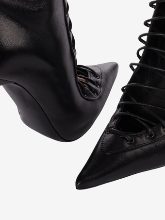 ブラックニーハイブーツ レディース ポインテッドトゥ カットアウト レースアップ ハイヒールブーツ