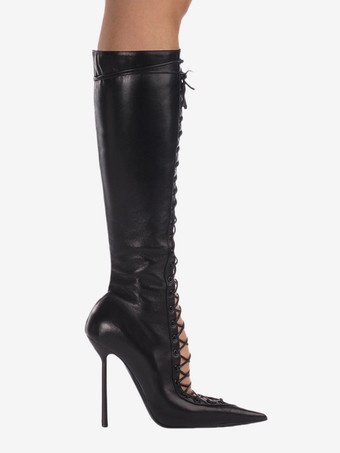 ブラックニーハイブーツ レディース ポインテッドトゥ カットアウト レースアップ ハイヒールブーツ