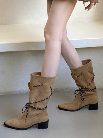 ラクダ色 レディース アンクルブーツ スクエアトゥ チャンキーヒール レースアップ ブーティ