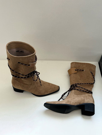 レディース アンクルブーツ スクエアトゥ チャンキーヒール レースアップ ブーティ