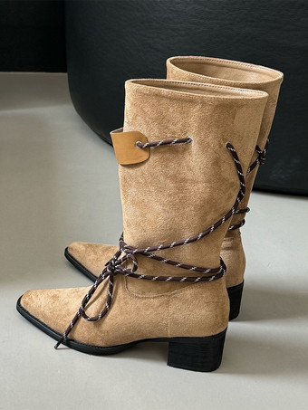 レディース アンクルブーツ スクエアトゥ チャンキーヒール レースアップ ブーティ