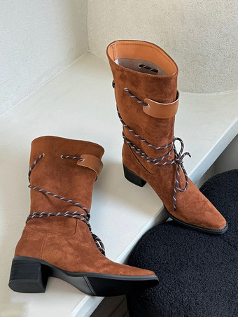 レディース アンクルブーツ スクエアトゥ チャンキーヒール レースアップ ブーティ