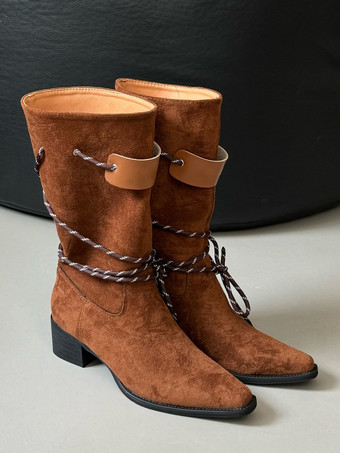 レディース アンクルブーツ スクエアトゥ チャンキーヒール レースアップ ブーティ