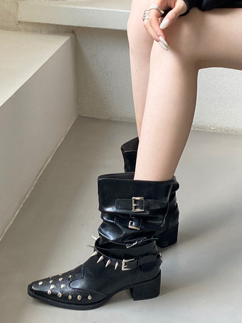 ブラック ホワイトアンクルブーツ レディース スクエアトゥ ビーズバックルディテール ブーティ