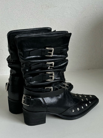 ホワイトアンクルブーツ レディース スクエアトゥ ビーズバックルディテール ブーティ