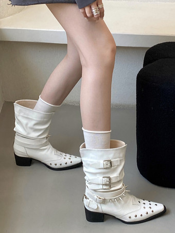 ホワイトアンクルブーツ レディース スクエアトゥ ビーズバックルディテール ブーティ