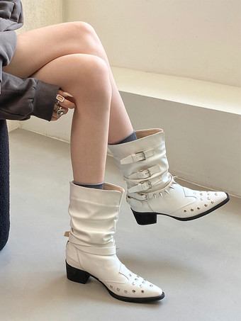 ホワイトアンクルブーツ レディース スクエアトゥ ビーズバックルディテール ブーティ