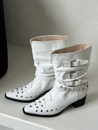 ホワイト ホワイトアンクルブーツ レディース スクエアトゥ ビーズバックルディテール ブーティ