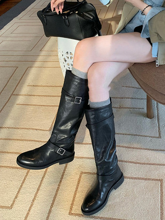 フラットニーハイブーツ ブラウン ラウンドトゥ バックルディテール 乗馬ブーツ