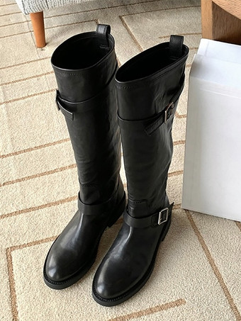 ブラック フラットニーハイブーツ ブラウン ラウンドトゥ バックルディテール 乗馬ブーツ