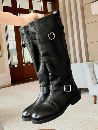 フラットニーハイブーツ ブラウン ラウンドトゥ バックルディテール 乗馬ブーツ