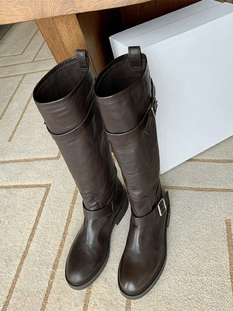 フラットニーハイブーツ ブラウン ラウンドトゥ バックルディテール 乗馬ブーツ