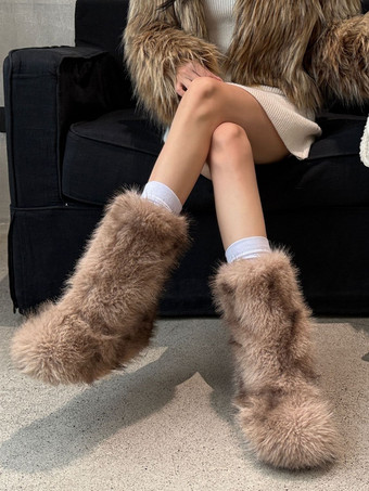 カーキ レディース アンクルブーツ フェイクファー ラウンドトゥ フラットブーティ