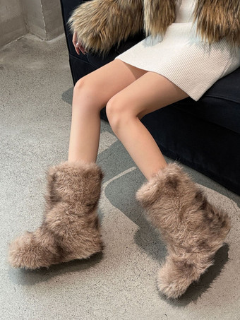 レディース アンクルブーツ フェイクファー ラウンドトゥ フラットブーティ